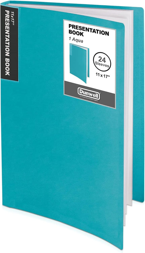 Dunwell 11x17 Portfolio Binder Folder, Aqua, Vertical, with Plastic Sleeves and Poly Cover
