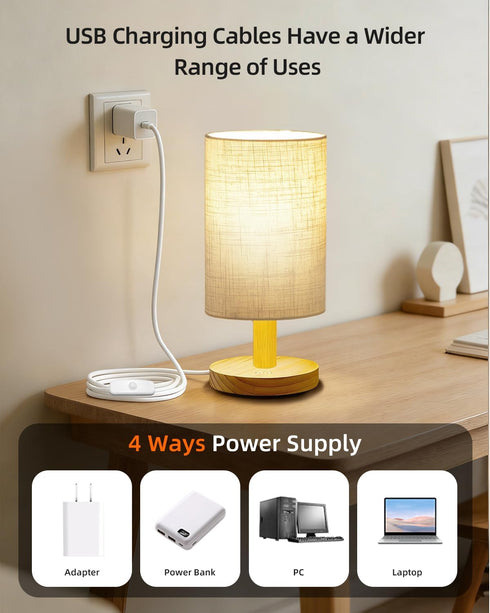 pickrelax Small Table Lamp for Bedroom - Inline Control, Bedside Lamp for Warm Light LED Desk Lamp, Wood Base Round