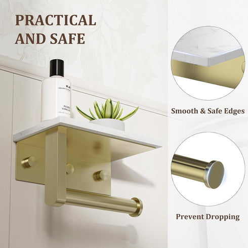 304 BWE Brushed Gold Toilet Paper Holder with Marble Shelf, Toilet Paper Roll Holder Wall Mounted, Toilet Paper Roll