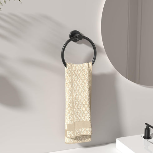 FORIOUS Matte Black Towel Ring, SUS304 Stainless Steel Hand Towel Holder for Bathroom Wall Mounted