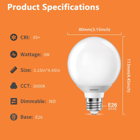 KOHEOPT G25 Bulbs,120V 5W(60W 3000K CRI85+ Bathroom,E26 Non-Dimmable (2 Pack) LED Globe Light Equivalent), Warm White