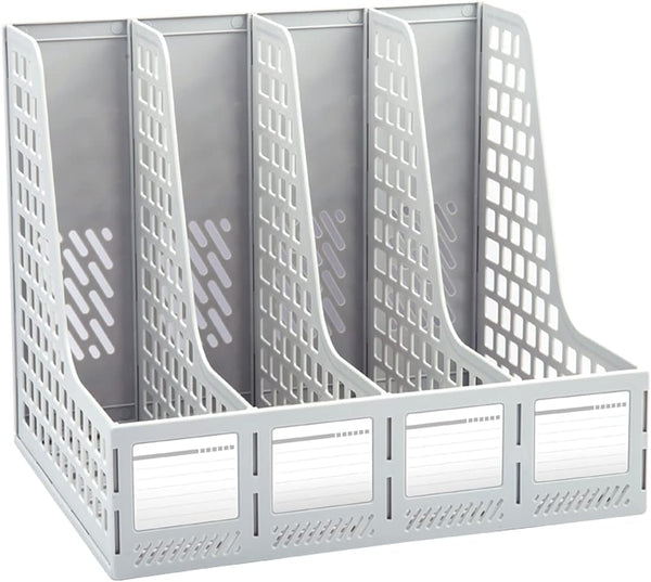 ZQS Magazine File Holder, Sturdy Plastic Binder Organizer for Office Storage, 4 Vertical Compartments, Desktop