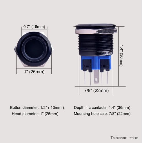 Momentary Push Button Switch U22A1, 1NO1NC Black Metal Shell with 12V Blue LED Ring