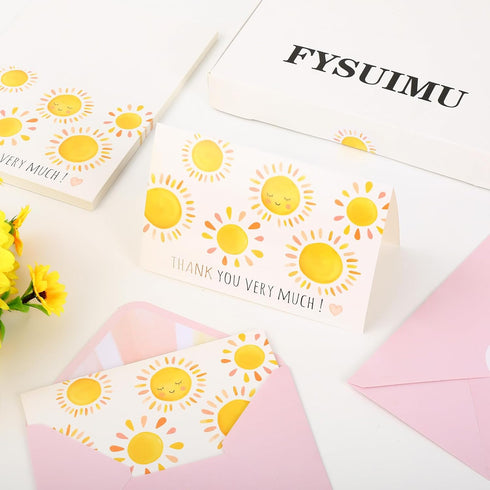 50 Pack FYSUIMU Watercolor Sun Thank You Cards Boxed Sunshine Note Cards with Envelopes Stickers Greeting Blank Card