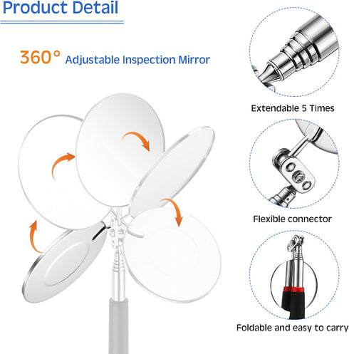 Patelai 4 Pcs Telescoping Magnet Tool Inspection Mirror Set with 2 lb 20 lb Magnetic Pickup Tool 8 lb LED Light Telescoping Magnet Stick Gadget 360 Swivel for Valentine's Father Day Men Gift Birthday