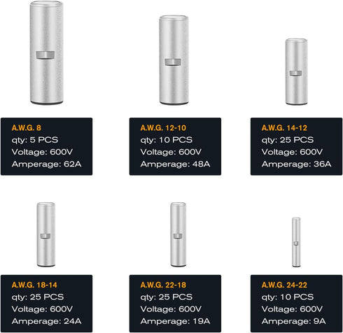 Nilight 100PCS Non Insulated Butt Connectors Kit AWG 24-8 Uninsulated Crimp Butt Connectors for Motorcycle