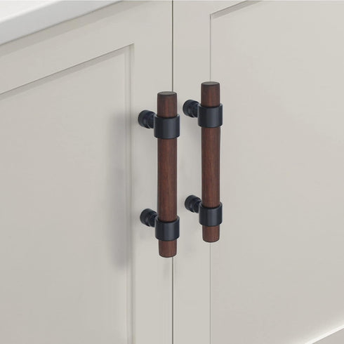 3" 3" Walnut Wood Cabinet Pull Handle Black Drawer Knob Pulls for Kitchen Beech Wood Dresser Knob (Walnut, Hole
