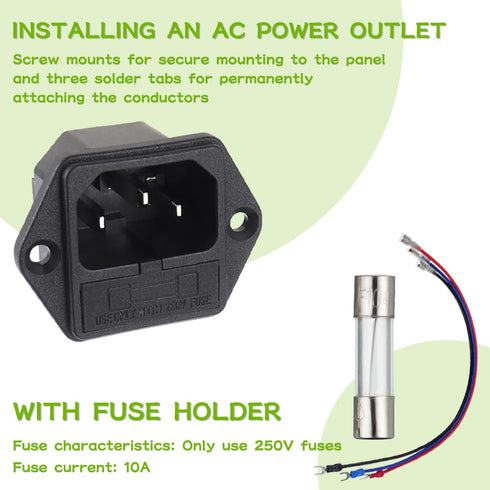 AC 250V 10A 2 in 1 Mount Inlet Module Plug Socket Power Entry Connector, Male Blades with 10A Fuse