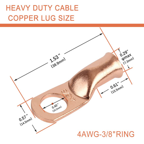 10pcs 4 AWG-3/8” (M10) Ring Terminals, Heavy Duty Copper Wire Lugs Battery Cable Terminal Connectors