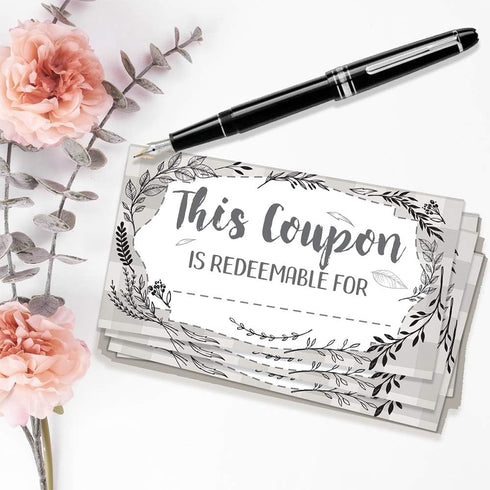 Set of 50 Blank Coupon Cards - Botanicals Gift Card Stationery for Small Business, Restaurants, Salons