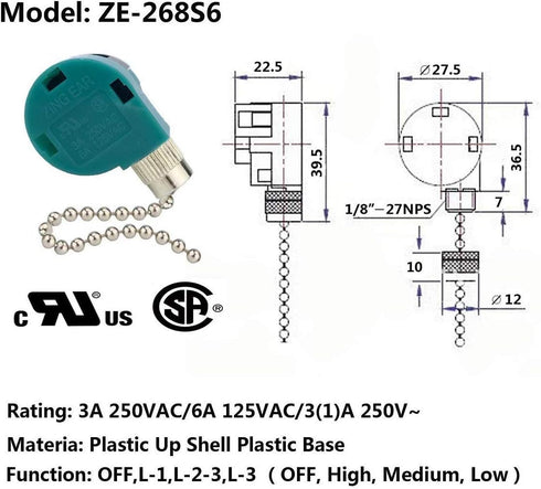 Zing Ear ZE-268S6 Switch Compatible with Hunter Ceiling Fan, 3 Speed 4 Wire Pull Chain Cord Switch for Ceiling Fans,