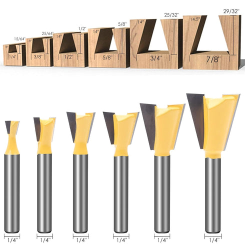 KOWOOD Dovetail Router Bit Set, 6 Sizes with 1/4 Inch Shank for Wood Milling Cutter Tool
