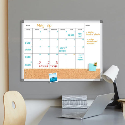 Upgraded Monthly Calendar Dry Erase White Board & Cork Bulletin Board, 17.7" x 23.6" Aluminum Frame