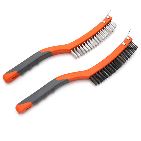 Wire Brush Set - 2 Pcs Stainless Steel and Carbon Scratch Brush with 14" Long Rubber Handle for Cleaning