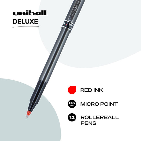 Uniball Deluxe Red Rollerball Pens, 0.5mm Micro Point, Pack of 12