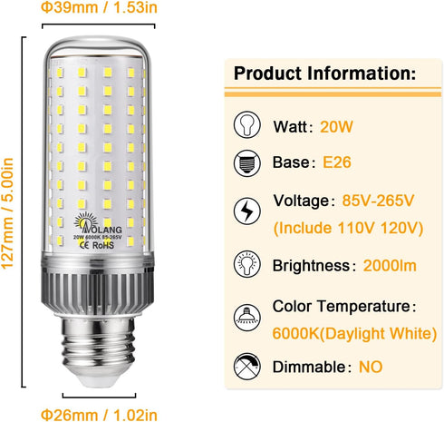E26 LED Bulb,20W LED Corn Light Bulb 180W Equivalent 6000K Daylight White 2000LM Non-dimmable Flicker Free Ceiling Fan LED Corn Bulb for Indoor Outdoor Home Garage, 3-Pack (Daylight White) by Aolang