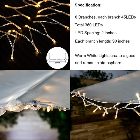 360 Patio Umbrella Lights, Solar Waterproof Umbrella String Lights with Warm White LED, Fairy String Lights Perfect
