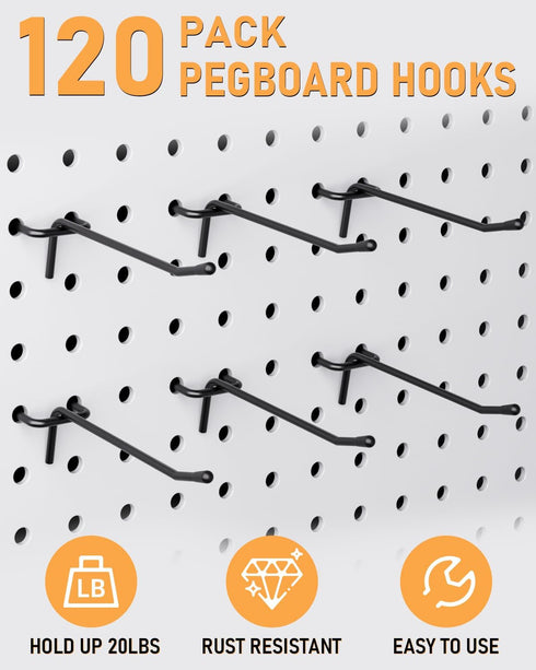 INCLY 120 Pack Black Pegboard Hooks, 4/6/8 Inch Accessories for 1/8“ and 1/4" Pegboard Hanging Tools