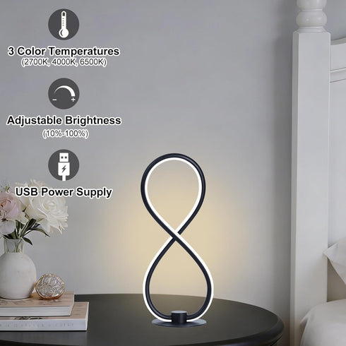 SendaLife Lamp,3CCT 2700K/4000K/6500K Dimmable Modern Desk Table Stepless Bedside Lamp with USB Adapter,Black Table