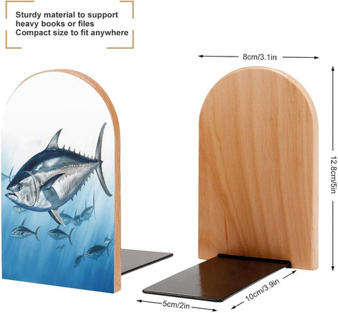 VstaDank 1 Bluefin Tuna Thunnus Bookends for Shelves Non Skid Book Stoppers Universal Economy Bookend Heavy Duty Wood