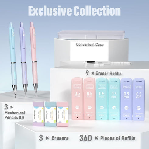 Four Candies Pastel Mechanical Pencil Set, 3PCS 0.5mm Pencils with 360PCS HB Lead Refills, 3PCS Erasers for Drawing