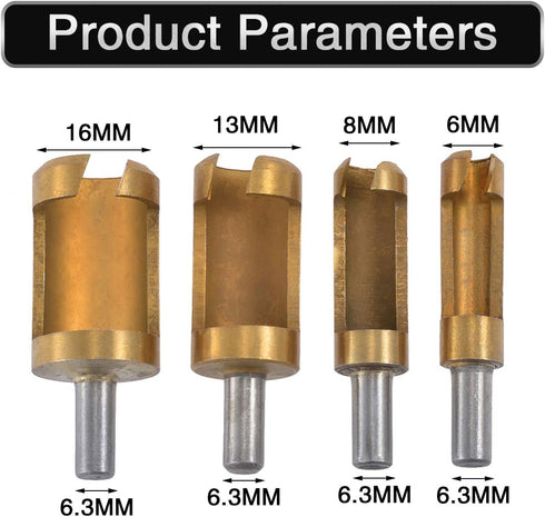 4pcs Wood Plug Hole Titanium Coated Cutter Drill Bits Set 1/4" 3/8" 1/2" 5/8" Cutting Dowel Power Woodworking Cork Hole Saw Tool Round Wood Plug Tenon Drill Bit Set by HOHXEN