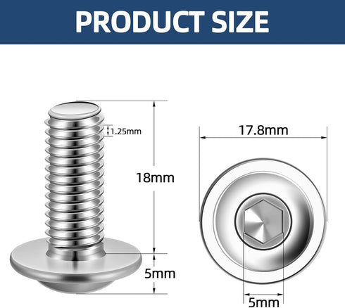M8-1.25 x 18mm Flanged Button Head Socket Cap Screws, Fully Threaded Stainless Steel 18-8 (304), 25 PCS, Allen Drive