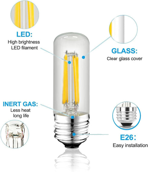 3.2 Inch 3000K E26 Bulb 60 120V 600LM Bulbs Dimmable, 6W T10 T30 Bulbs Certified-6 Pack Warm White LED Watt Equal, AC