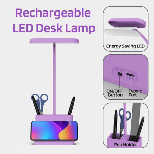 AXX Cute Purple Desk Lamp, Rechargeable Study Table Light for Home Office, Small, Battery Operated, LED, Flexible