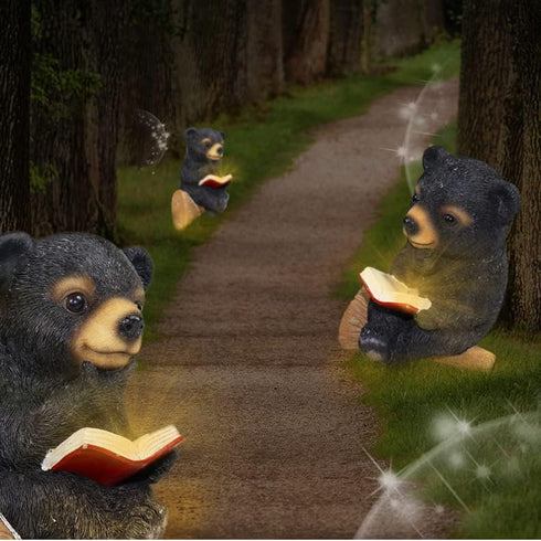 Sitting Bear Tree Hugger with Solar LED Light - Baby Bear Reading Book Garden Statue for Lawn, Yard, Patio Decor