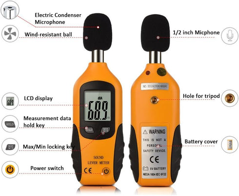 Decibel Meter, Digital Sound Level Meter, Handheld Audio Noise SPL Tester with LCD Display