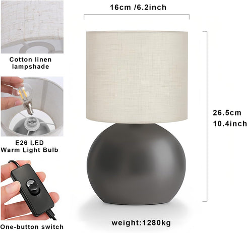 10.4 Inch Modern Small Table Lamp with Grey Metal Base and Linen Shade, Nightstand Light for Bedroom, Living Room