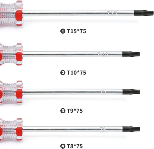 8PCS Magnetic Torx Screwdrivers Set, Torx Security Screwdriver T8, T9, T10, T15, 3mm, 75mm Long (Red)
