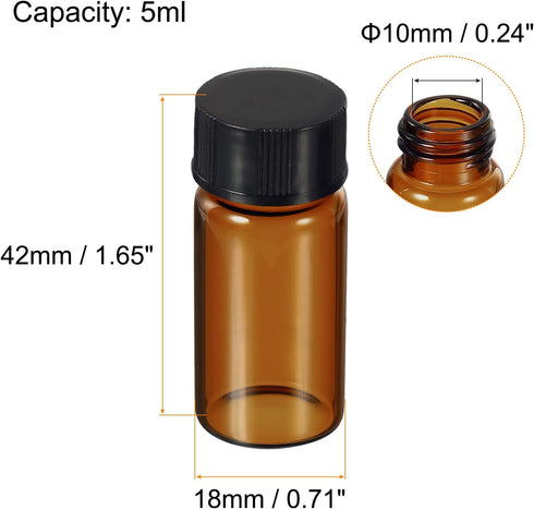 PATIKIL 10 Pack 5mL Reagent Media Bottles, Round Glass Storage Bottles with Plastic Screw Cap (Brown)
