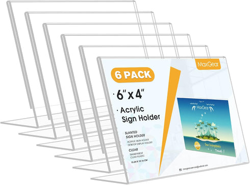 MaxGear 4X6 inches Slant Back Acrylic Sign Holders, Clear Plastic Display Stand for Office, Home, Store, Restaurant, 6
