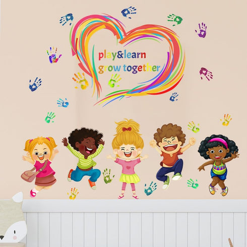 Mirabuy Play Learn & Grow Together Wall Decals Kids Inspirational Quotes Handprint Wall Stickers for Classroom Kids