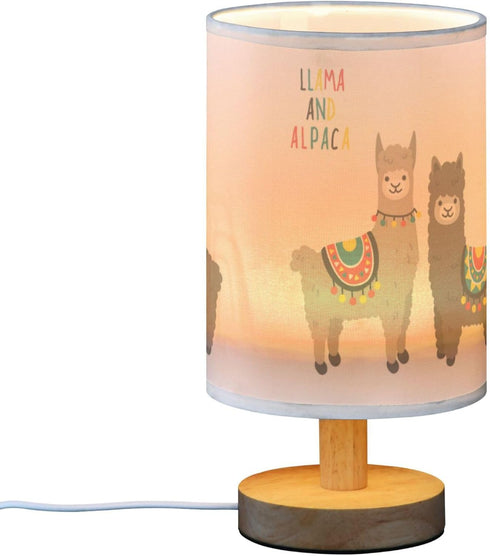 YYZZH Cute Llama Alpaca Funny Smile Animal Table Lamp with Wood Base Fabric Lamp Shade Bedside Nightstand Desk Lamp
