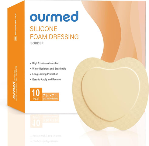 Ourmed Silicone Sacral Foam Dressings(7"x 7" - 10 Packs) with Tender Adhesive
