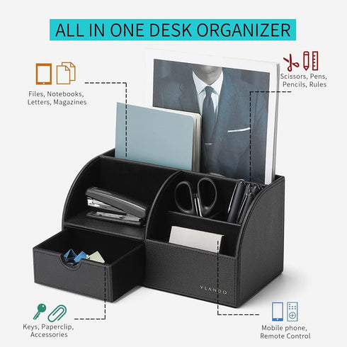 Vlando Leather Desktop Organizer Caddy with Drawer, Office Desk Supplies and Accessories Storage, Black Set