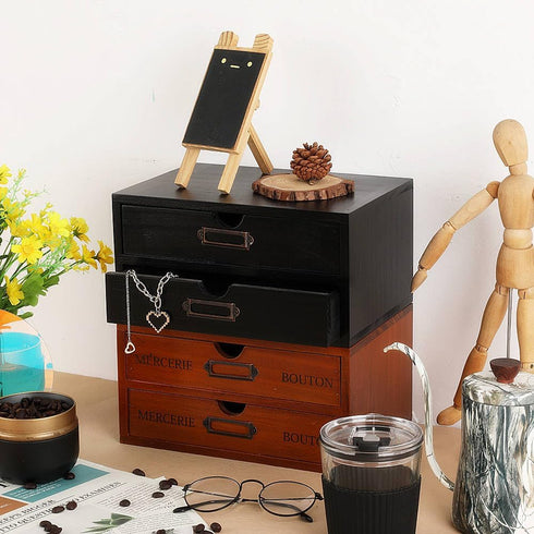 Wooden Storage Box Rustic Desktop Organizer with 2 Drawers, Office Desk Accessories Shelf, Small Craft Storage