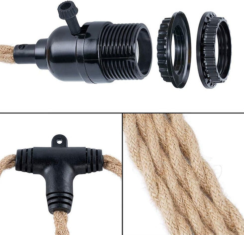 Yilliaw 27FT 3 Light Plug in Pendant Lights with Switch & Hemp Rope - Industrial Hanging Light Kit with E26 Socket