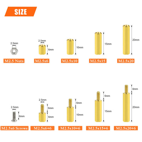 M2.5 Male Female Hex Brass Spacer Standoff Screw Nut Assortment Kit, 200 Pieces