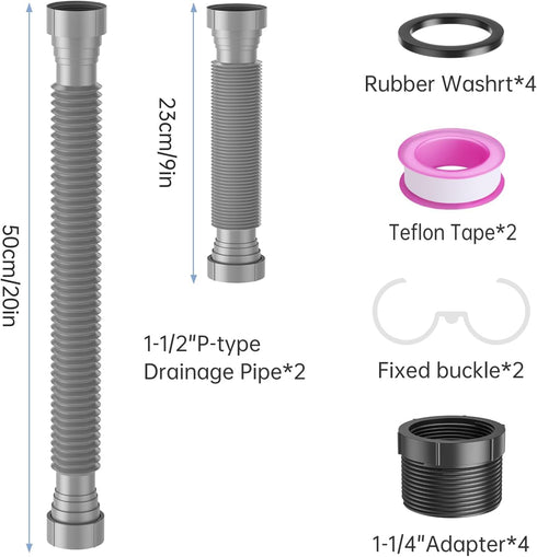 2 Packs Expandable Flexible P-Trap Pipe Kit (1 1/2" or 1 1/4") for Kitchen Sink Drainage Solution