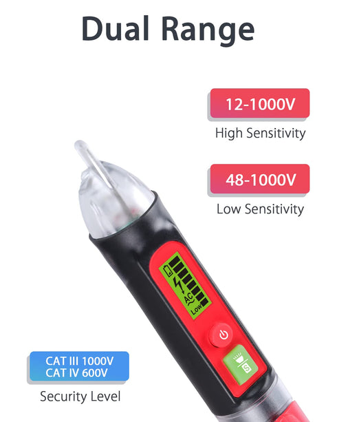 Wintact Non-Contact AC Voltage Detector Pen, 12V-1000V/48V-1000V Dual Range, High/Low Adjustable Sensitive, Live/Null Wire Breakpoint Tester with Flashlight, LCD Flashing Audible Buzzer Alarm