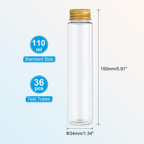 PATIKIL 110ml Test Tubes, 36pcs Clear Plastic Flat Bottom Containers with Caps for Bead Candy Bath Salt Storage, Gold