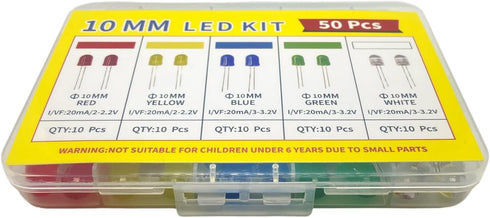 ProCircFix 50Pcs 10mm 10Pcs F10 LED Diode Kit, Red Yellow Blue Green White Each, High Brightness Diffused LED