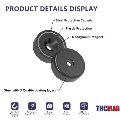 Neodymium Round Black Base Cup Magnets 40 lbs Pulling Force 0.98"(25mm) Pack of 10 with Countersunk Hole, Mounting