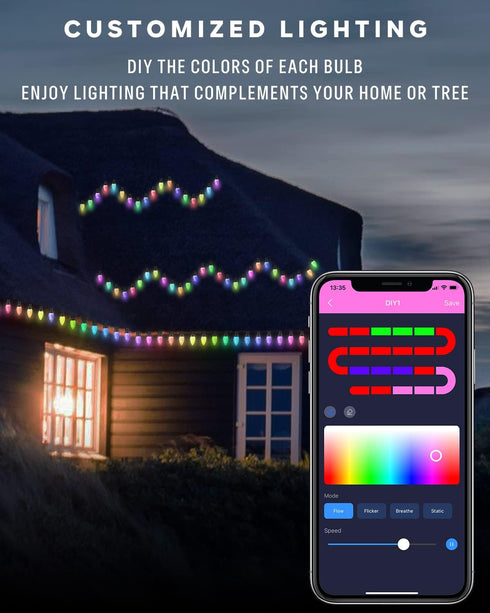 C9 33Ft 50 Dynamic Christmas Lights Outdoor, LED Smart RGB, APP Remote Controlled, Connectable Waterproof Music Xmas