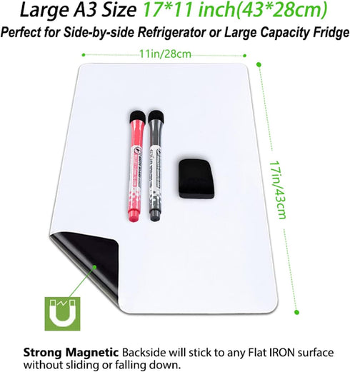 Magnetic Dry Erase Board Fridge Sheet, 17x11"- Flexible White Board for Home Kitchen Memo, 2 Marker Pens and Eraser