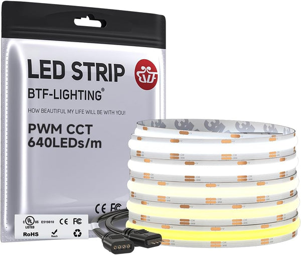 BTF-LIGHTING FCOB COB LED Strip CCT Tunable 3000K-6000K,UL Listed DC24V 16.4FT CRI
